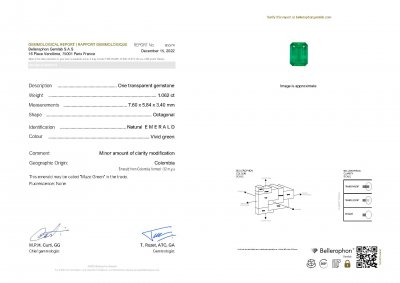 Certificate Intense emerald Muzo Green 1.06 ct, Colombia