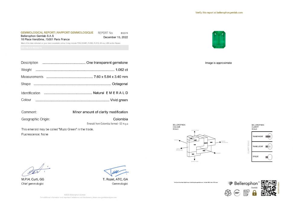 Certificate Intense bright emerald Muzo Green 1.06 ct, Colombia