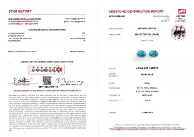 Certificate Pair of blue zircons from Cambodia 8.33 ct