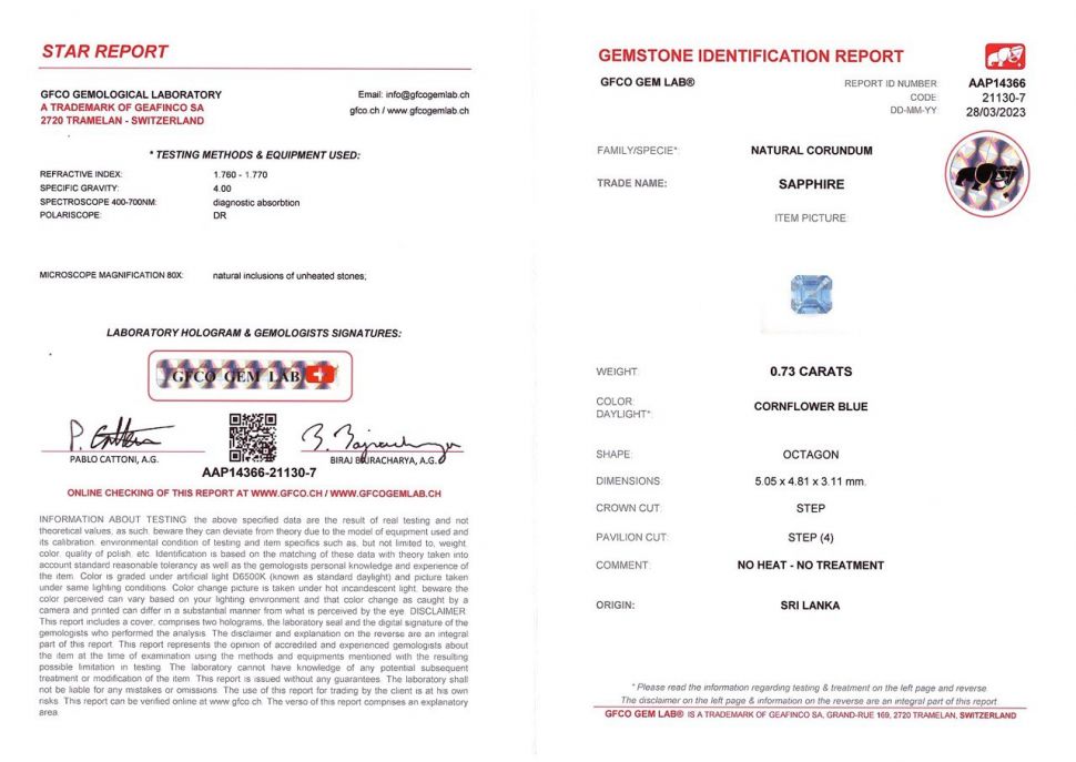 Certificate Unheated octagon-cut sapphire from Sri Lanka 0.73 ct