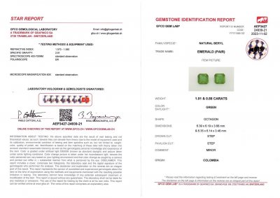 Certificate Paar Smaragde im Vivid Green-Smaragdschliff, 1,89 Karat, Kolumbien