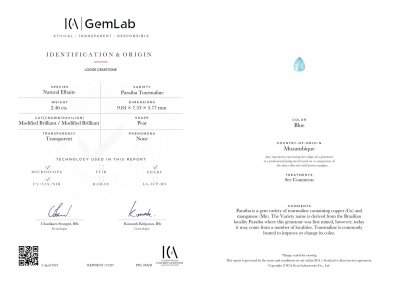 Certificate Turmalina Paraiba, talla pera, verde azulado, 2,46 quilates, Mozambique