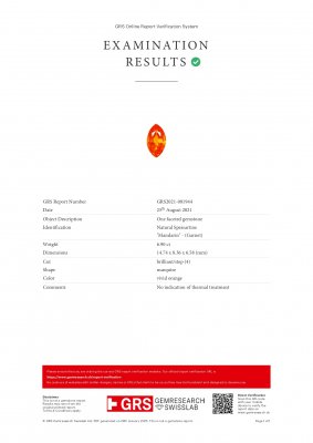 Certificate Vivid orange spessartine in marquise cut 6.90 carats, Africa