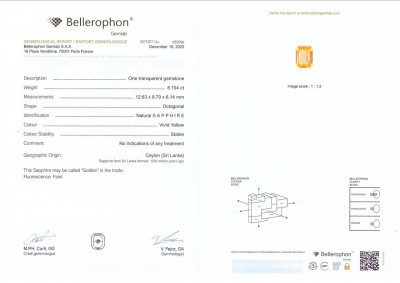 Certificate Un zafiro amarillo intenso de talla octagonal sin calentar de 8,10 quilates, Sri Lanka