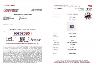 Certificate Saphir königsblauer oval geschliffener 1,70 karat , Madagaskar