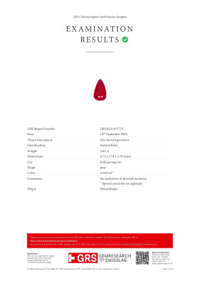 Certificate Unbehandelter rubin im birnenschliff 2,03 karat, Mosambik 