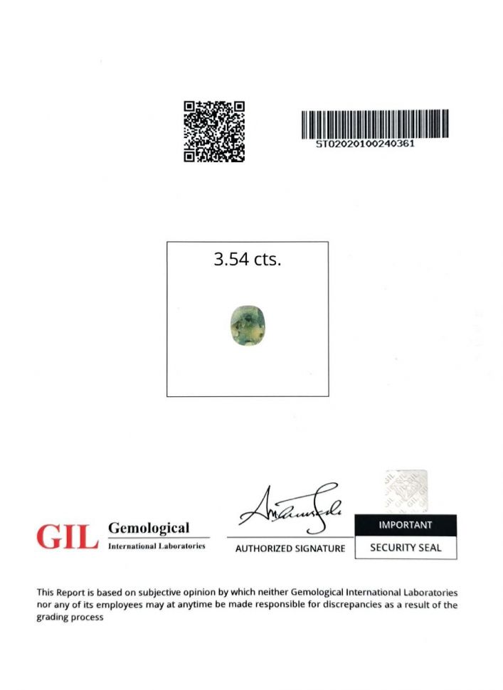 Certificate Yellowish green sapphire 3.54 ct, Madagascar