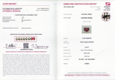 Certificate Bright red-orange heart cut spinel 2.78 ct, Burma
