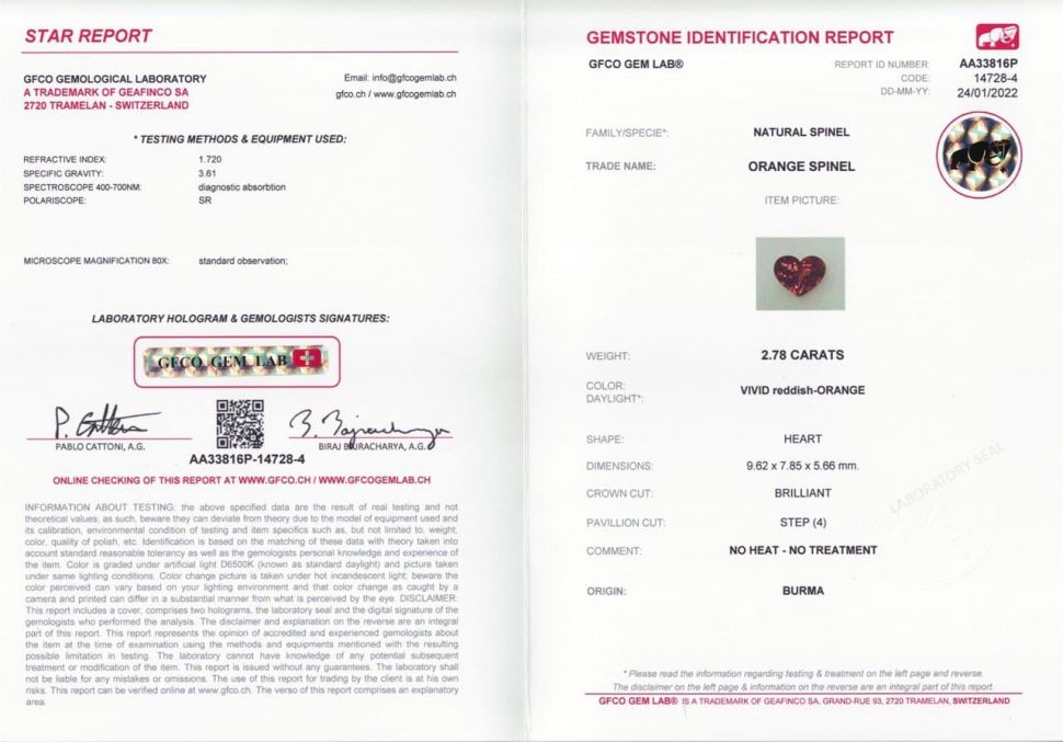 Certificate Bright red-orange heart-cut spinel 2.78 ct, Burma