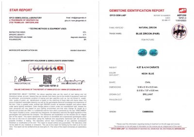 Certificate Pair of intense oval cut blue zircons 8.71 ct