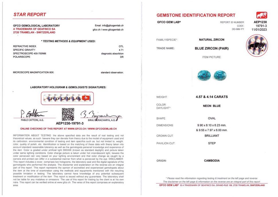 Certificate Pair of intense oval-cut blue zircons 8.71 ct