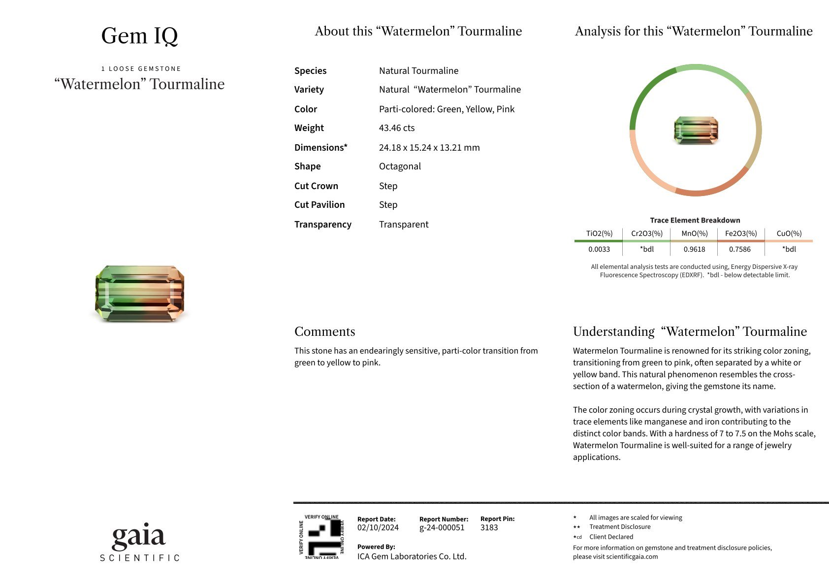 Grande tourmaline polychrome vert-orange taille octogonale 43,46 carats Image №4