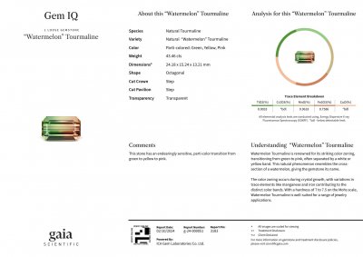 Certificate Grande tourmaline polychrome vert-orange taille octogonale 43,46 carats