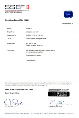 Certificate Saphir du Cachemire taille octogonale non chauffé 12,43 carats, Kashmir, (SSEF / Gubelin / GRS)