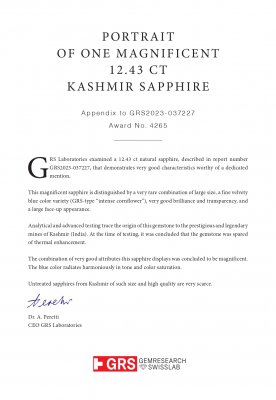 Certificate Saphir du Cachemire taille octogonale non chauffé 12,43 carats, Kashmir, (SSEF / Gubelin / GRS)