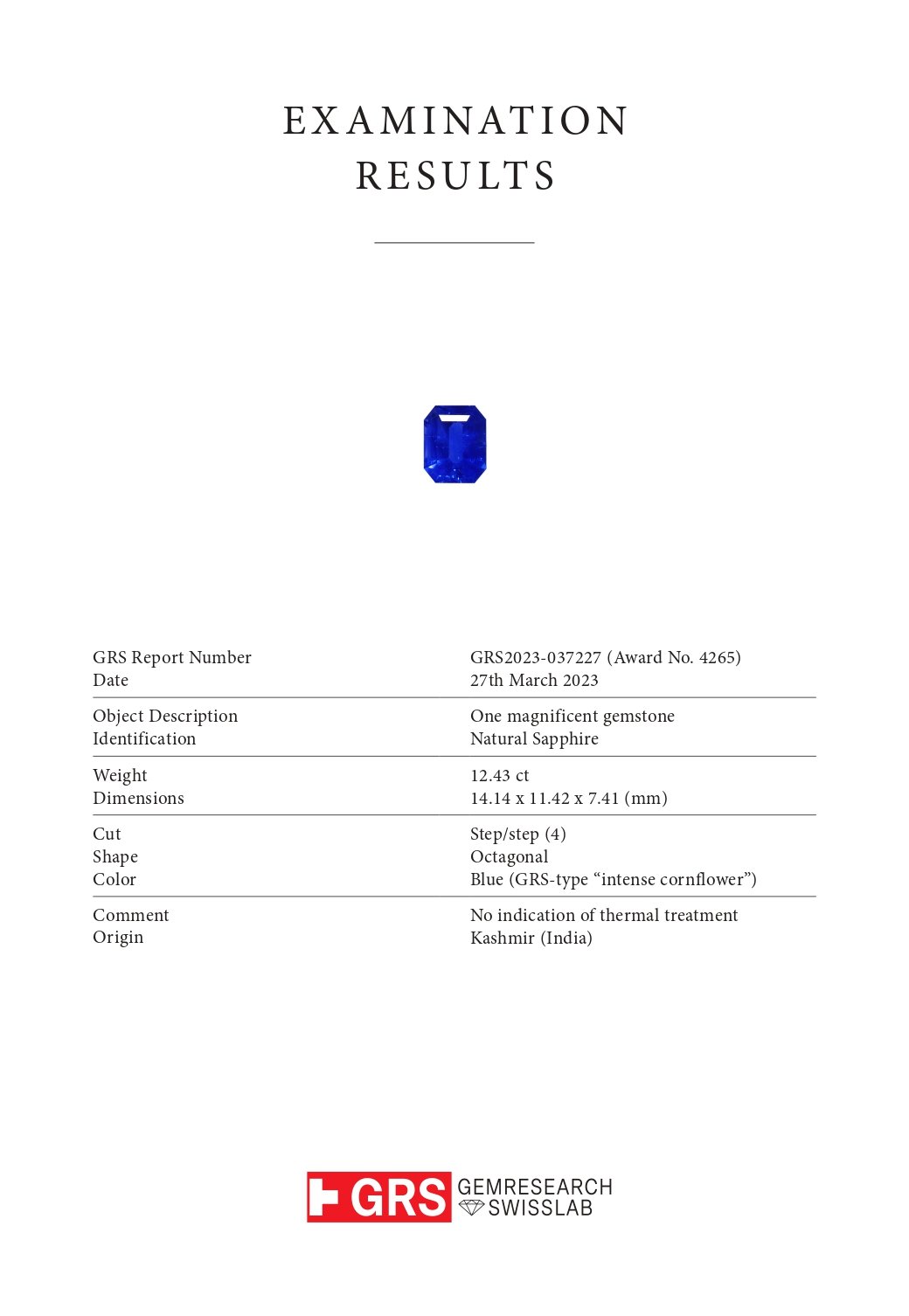Saphir du Cachemire taille octogonale non chauffé 12,43 carats, Kashmir, (SSEF / Gubelin / GRS) Image №8