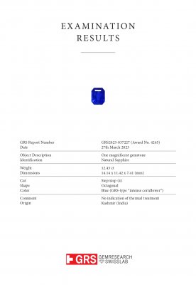 Certificate Saphir du Cachemire taille octogonale non chauffé 12,43 carats, Kashmir, (SSEF / Gubelin / GRS)