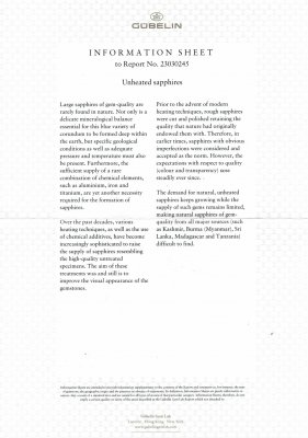 Certificate Saphir du Cachemire taille octogonale non chauffé 12,43 carats, Kashmir, (SSEF / Gubelin / GRS)