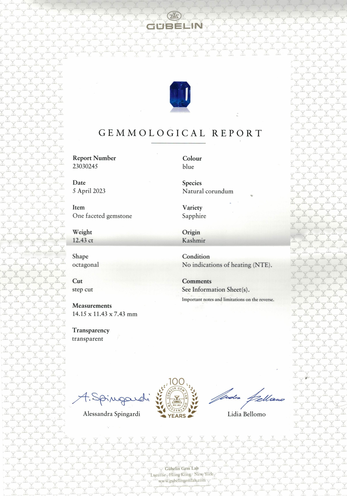 Saphir du Cachemire taille octogonale non chauffé 12,43 carats, Kashmir, (SSEF / Gubelin / GRS) Image №11