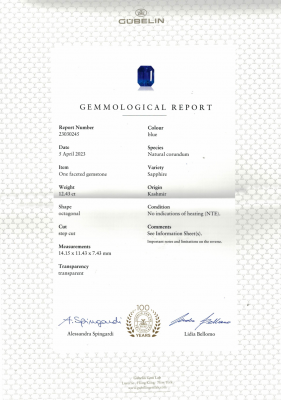 Certificate Saphir du Cachemire taille octogonale non chauffé 12,43 carats, Kashmir, (SSEF / Gubelin / GRS)