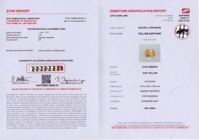 Certificate Saphir jaune vif taille radiant de 2,18 carats, Sri Lanka