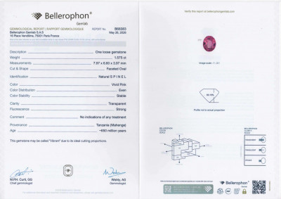 Certificate Spinelle rose vibrant de Mahenge, taille ovale, de 1,57 carat, de Tanzanie