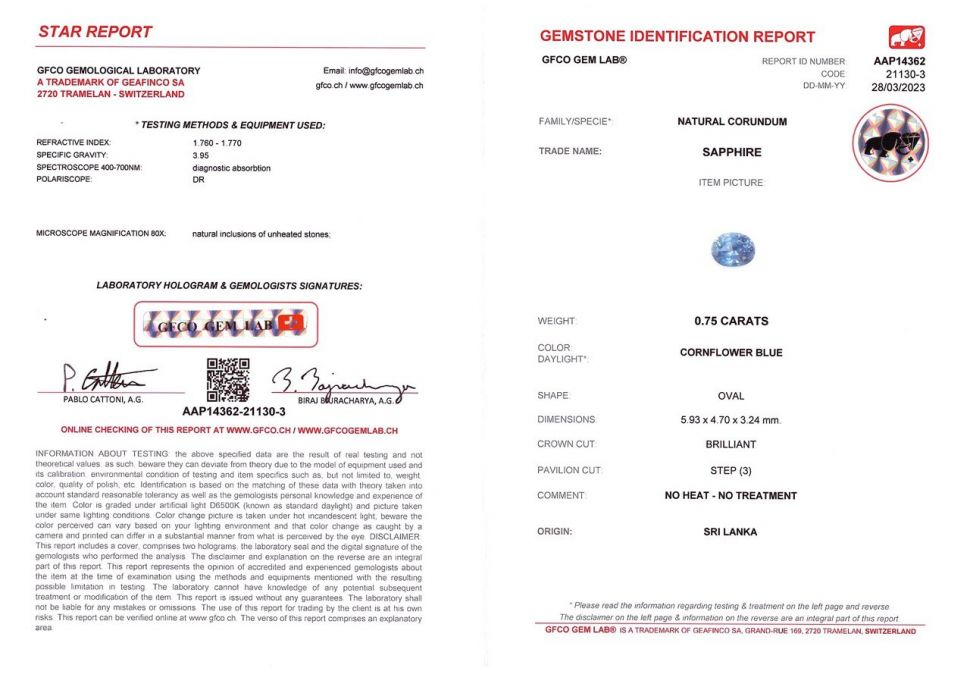 Certificate Cornflower blue unheated sapphire 0.75 ct, Sri Lanka