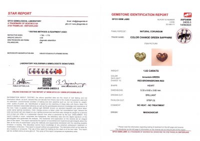 Certificate Yellowish green unheated sapphire in heart cut 1.02 ct, Madagascar 