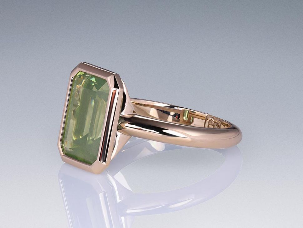 Ring with a unique green zircon 7.40 ct in 18 karat gold champagne color Image №3