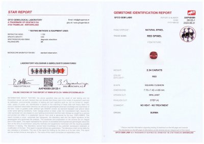 Certificate Intensiv roter Spinell im Kissenschliff 2,34 Karat, Burma 