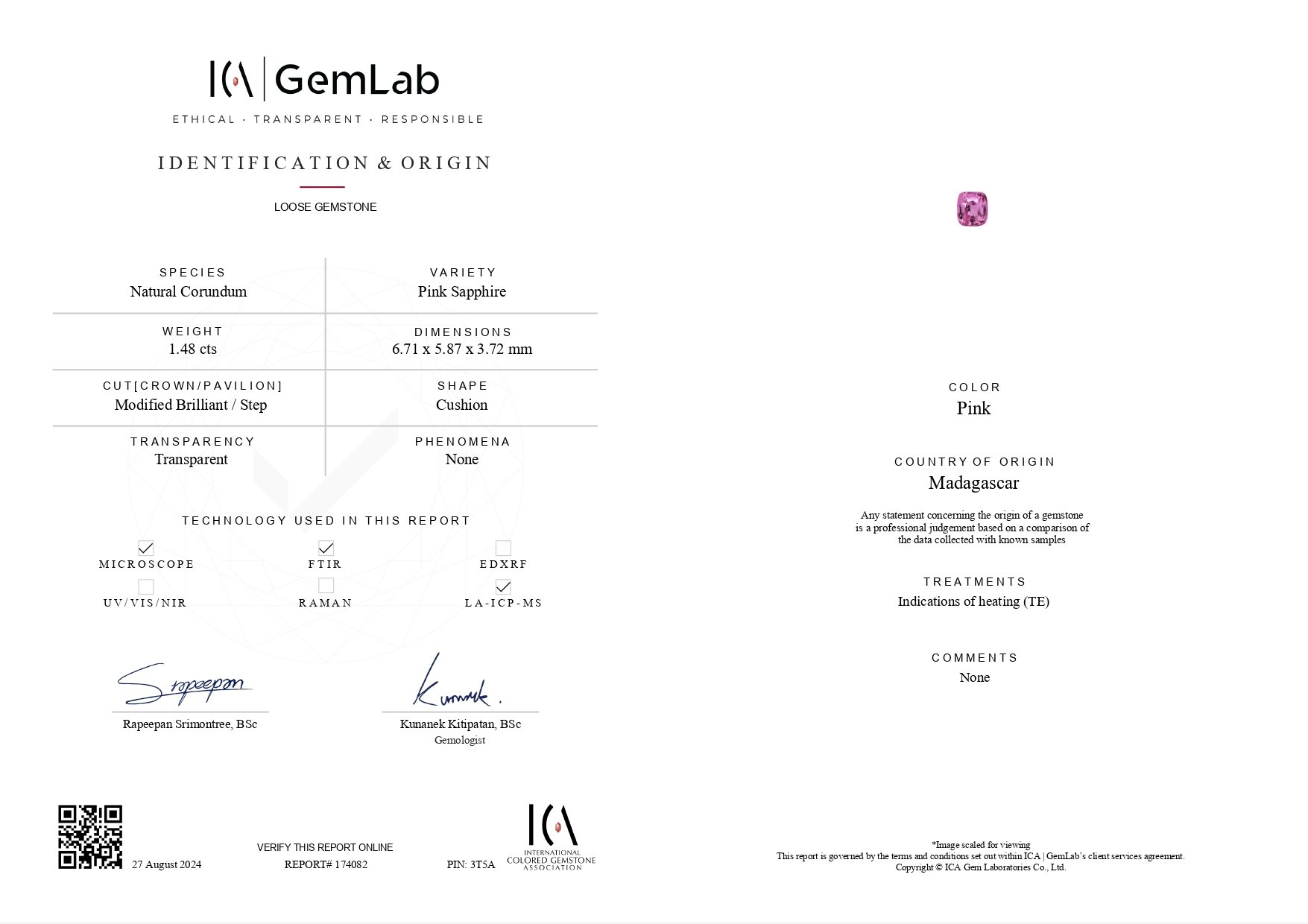 Zafiro rosa talla cojín de 1,48 quilates, Madagascar GIA, ICA Image №7