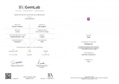 Certificate Zafiro rosa talla cojín de 1,48 quilates, Madagascar GIA, ICA
