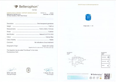 Certificate Zafiro azul intenso de talla cojín sin calentar 7,05 quilates, Sri Lanka