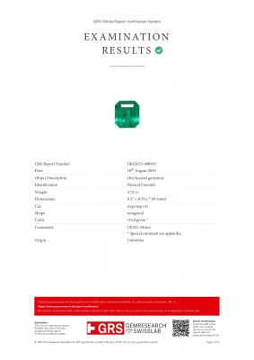 Certificate Une paire émeraudes Vivid Green Muzo Green 7,08 carats, de taille octogonale, de Colombie. 