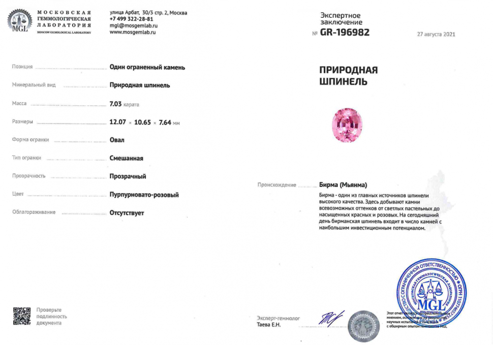 Certificate Burmese pink spinel 7.03 ct
