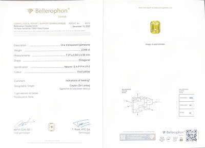 Certificate Saphir Vivid Yellow de 2,05 carats taille octogonale, Sri Lanka