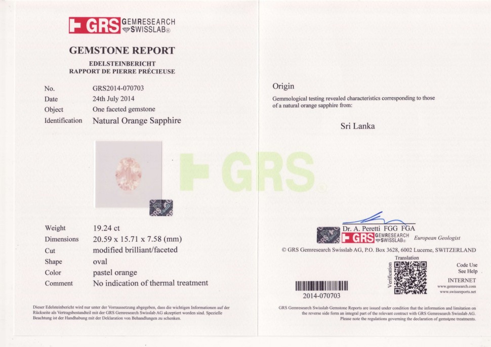 Certificate Large unheated light orange sapphire 19.24 ct, Sri Lanka, GRS