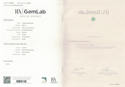 Certificate Ural demantoid cut round 0.89 ct