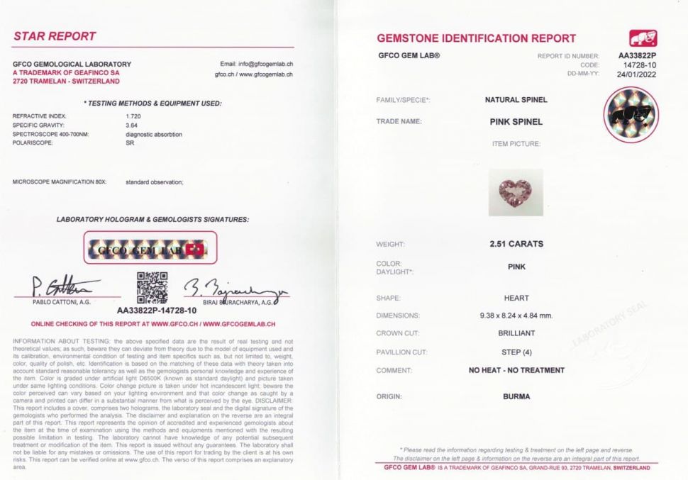 Certificate Heart-cut pink spinel 2.51 ct, Burma