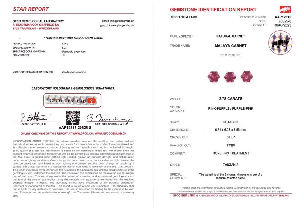 Certificate Set of bright umbalite garnets 2.78 ct, Tanzania