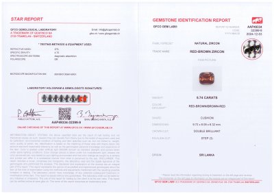 Certificate Red-brown cushion cut zircon 5.74 carats, Sri Lanka 