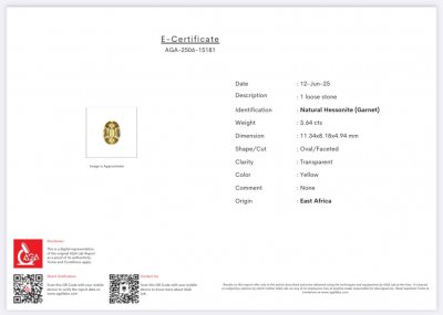 Certificate Granate hessonita, talla ovalada 3,64 quilates, África