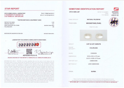 Certificate Pair of moonstones cabochon cut 5.34 carats, Burma