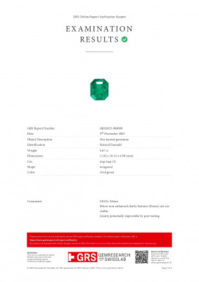 Certificate Émeraude verte intense mariposa, taille octogonale 5,67 carats, Colombie