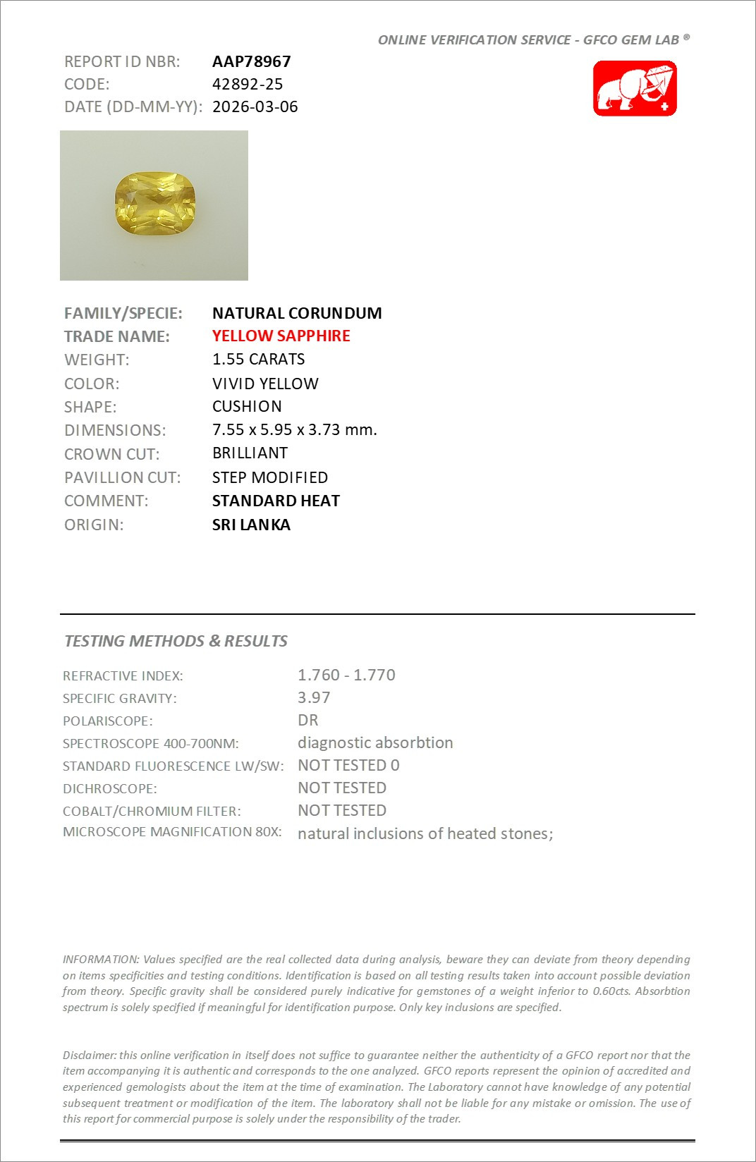 Saphir jaune vif taille coussin de 1,55 carat, Sri Lanka Image №6