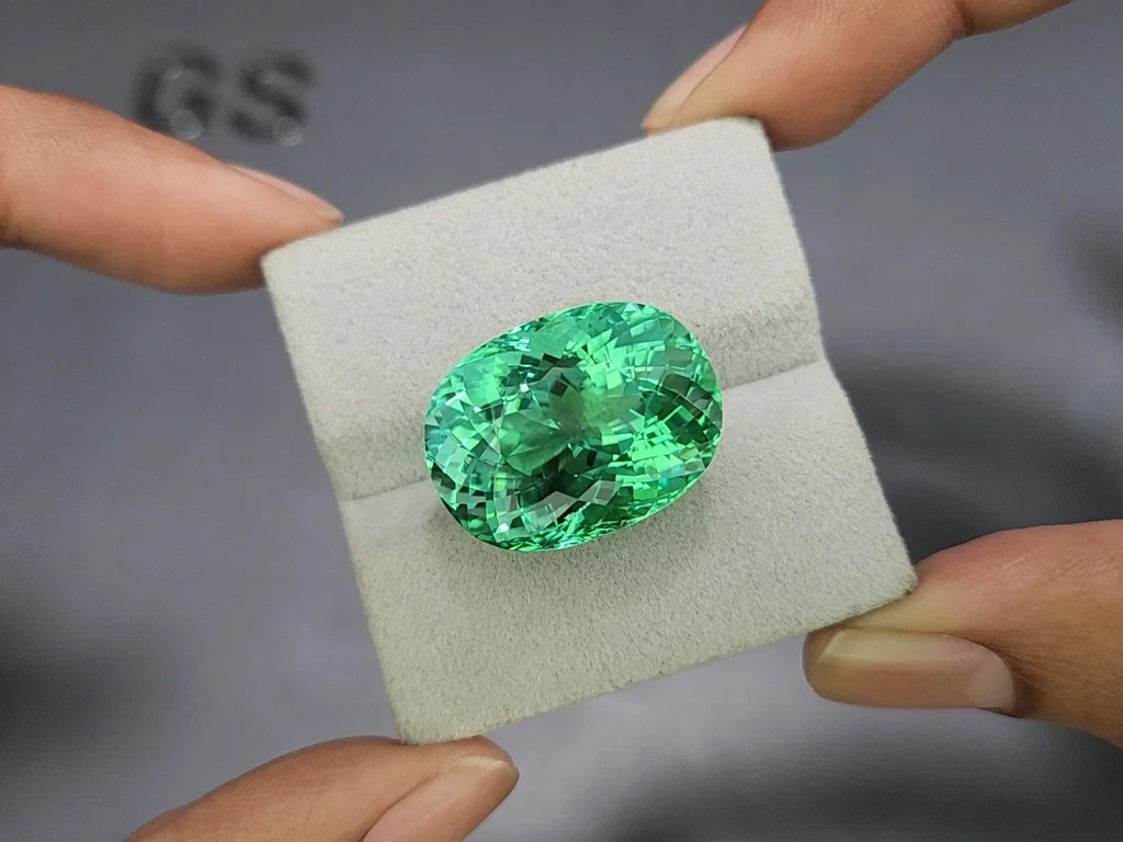 Großer grüner oval geschliffener Paraiba turmalin mit einem 32,62 karat, Mozambique Image №4