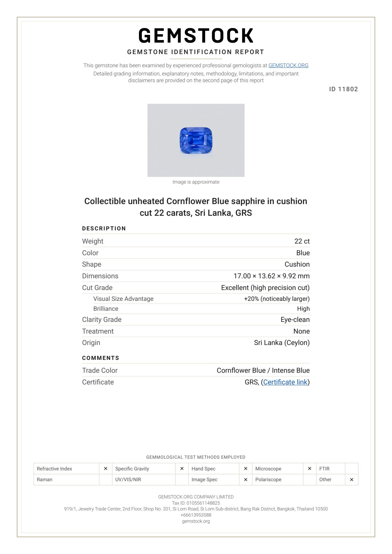 Saphir bleu barbeau non traité de collection, taille coussin, 22 carats, Sri Lanka, GRS Image №6
