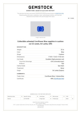 Certificate Saphir bleu barbeau non traité de collection, taille coussin, 22 carats, Sri Lanka, GRS