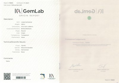 Certificate Demantoid in a cut circle 0.85 ct, Ural