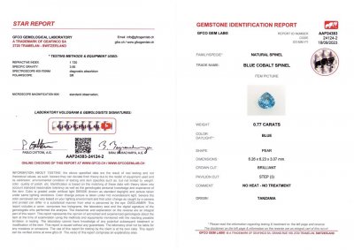 Certificate Spinelle bleu cobalt de Tanzanie 0,77 carat